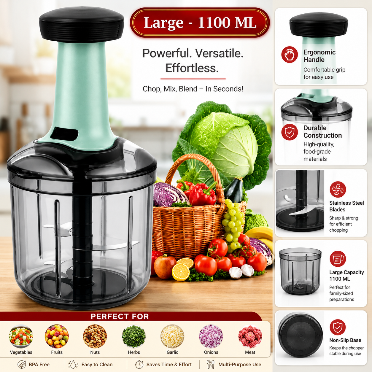 Manual Fruit and Vegetable Chopper 1100ML