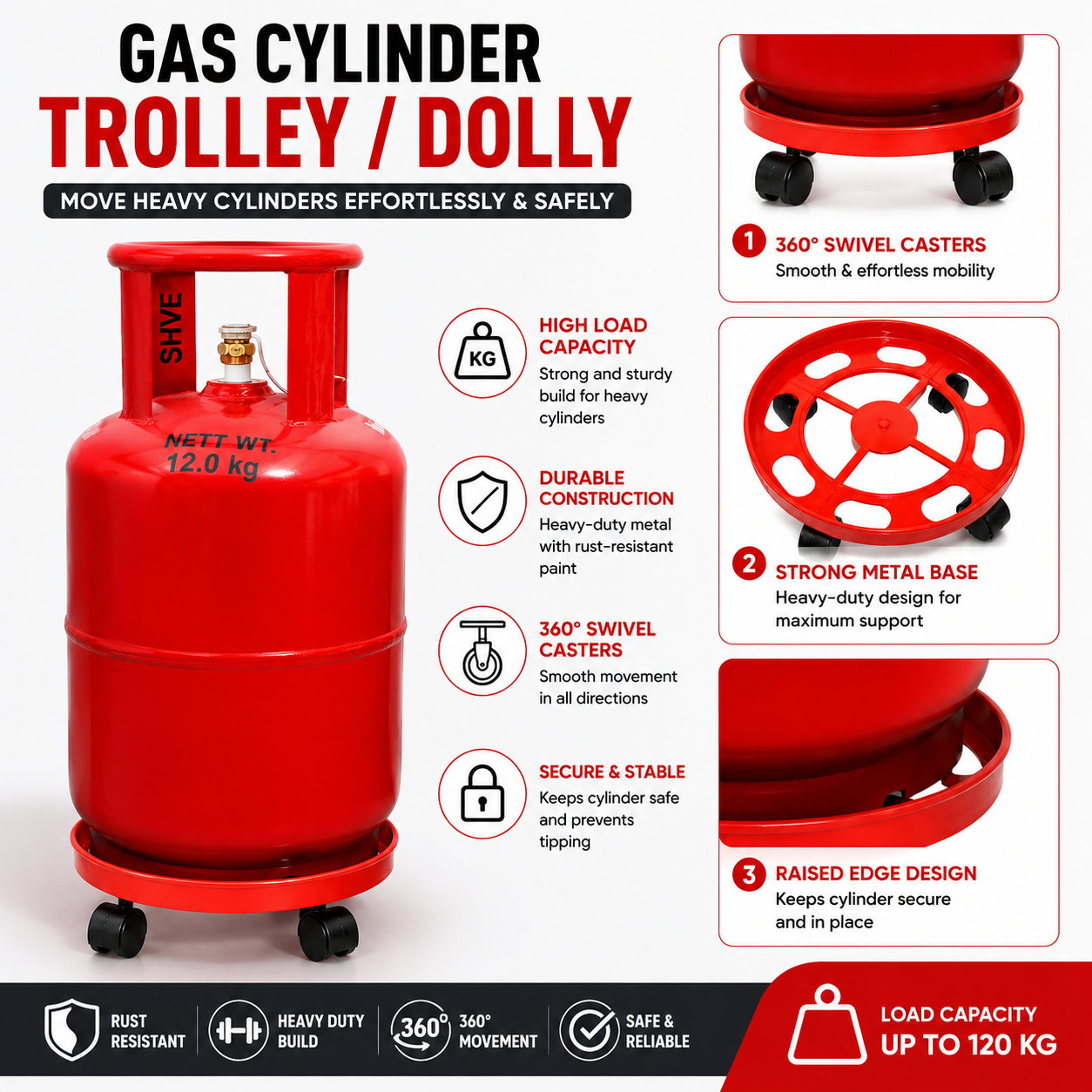 Gas Cylinder Stand - Easily Movable LPG Cylinder Trolley with Wheels