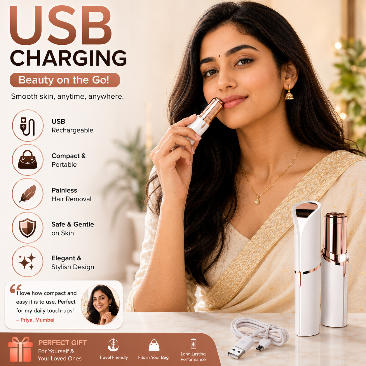 USB Facial Hair Remover for Women | Lipstick Shape