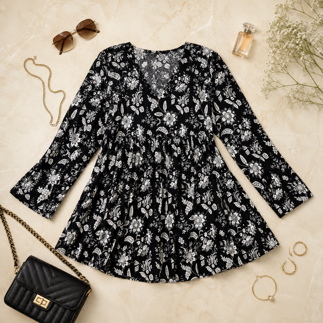 Black Floral V-Neck Flared Top for Women