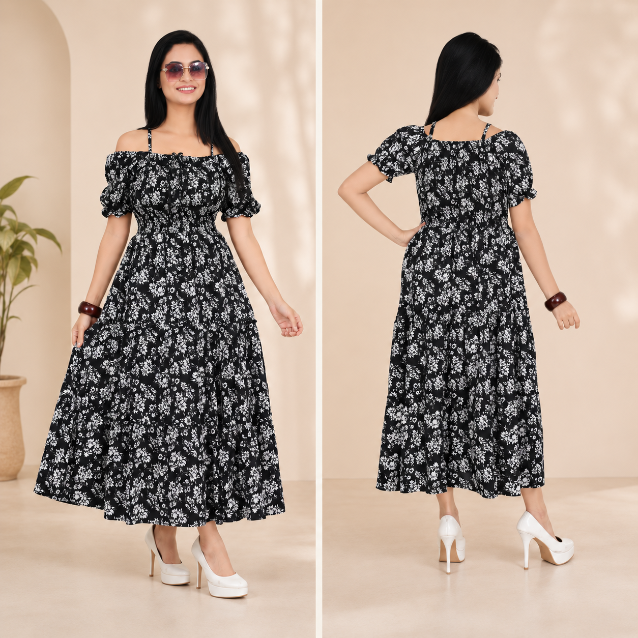 Black Floral Puff Sleeve Flared Maxi Dress for Women