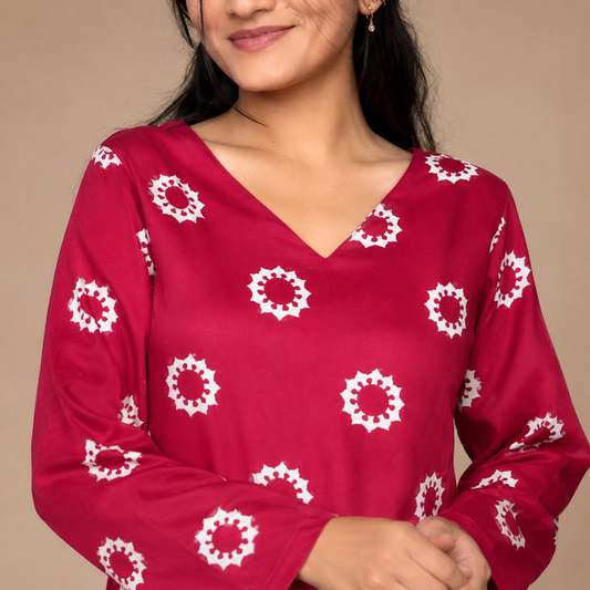 Women's Pink Floral Printed V-Neck A-Line Kurti