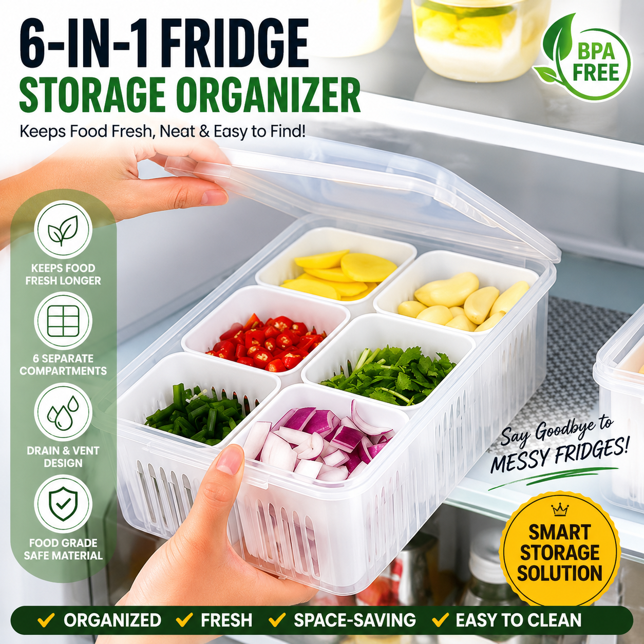 6 Grid Fridge Storage box with Lid and 6 Drain Compartment
