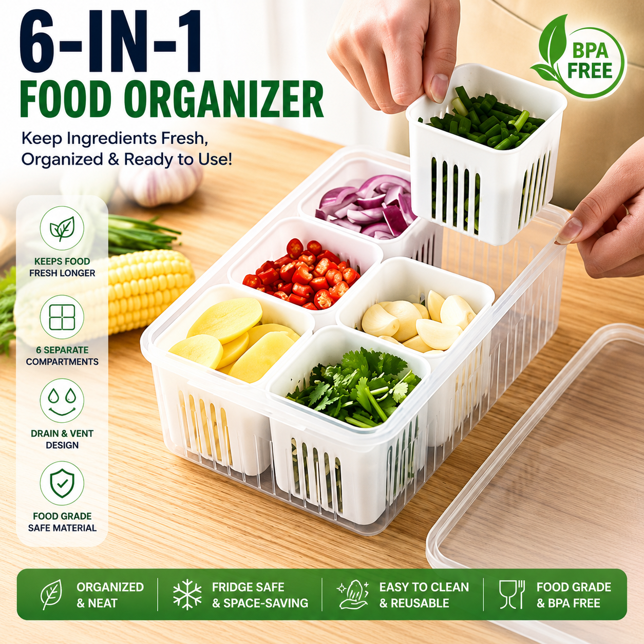 6 Grid Fridge Storage box with Lid and 6 Drain Compartment