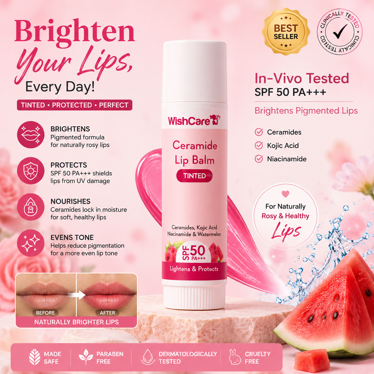 WishCare Tinted Ceramide Lip Balm with SPF50 PA+++  - 5gm