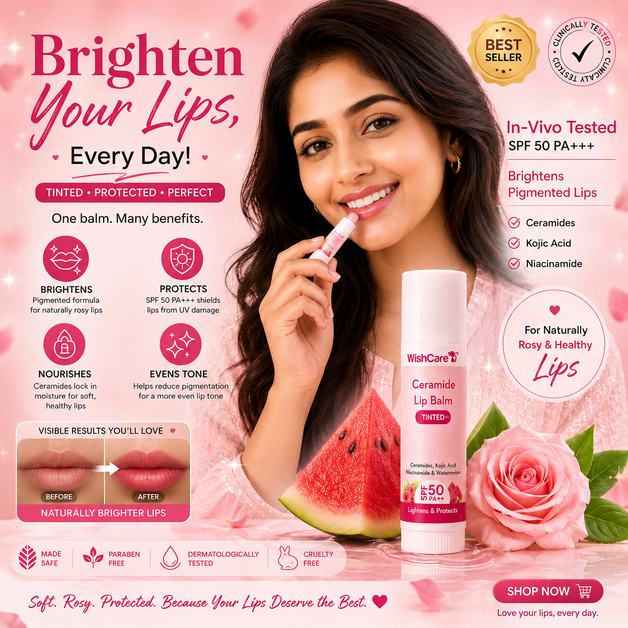 WishCare Tinted Ceramide Lip Balm with SPF50 PA+++  - 5gm