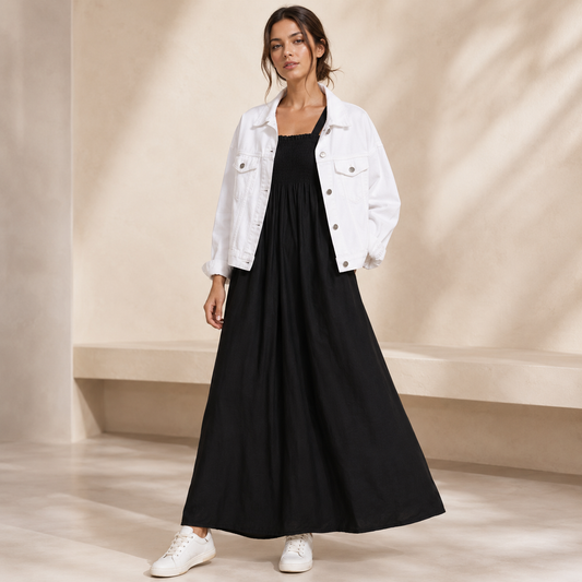 Women's Black Flared Midi Dress with White Denim Jacket Co-Ord Set