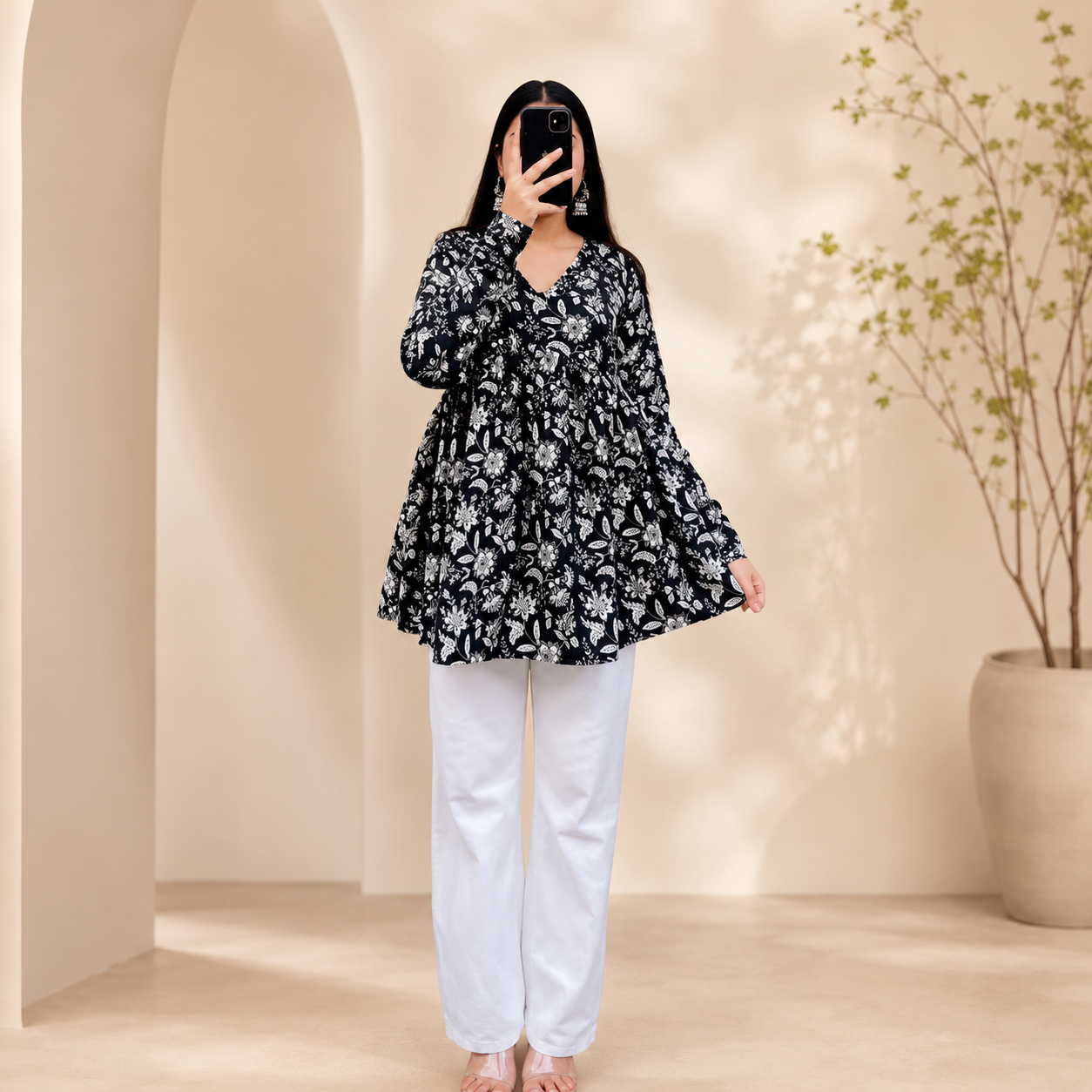 Black Floral V-Neck Flared Top for Women
