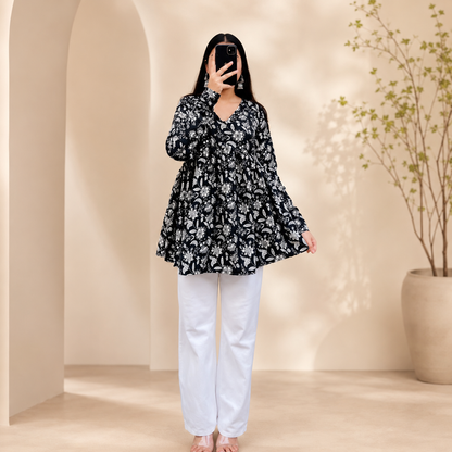 Black Floral V-Neck Flared Top for Women