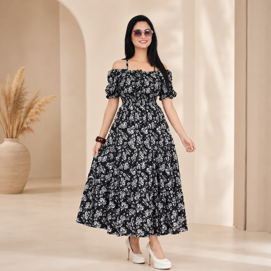 Black Floral Puff Sleeve Flared Maxi Dress for Women