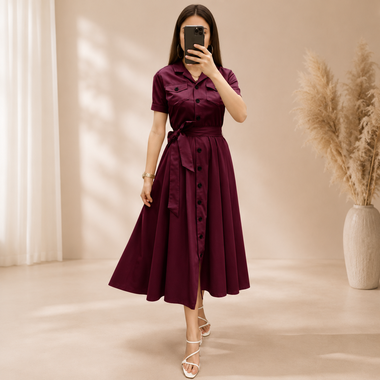 Wine Button Down Flared Midi Dress for Women