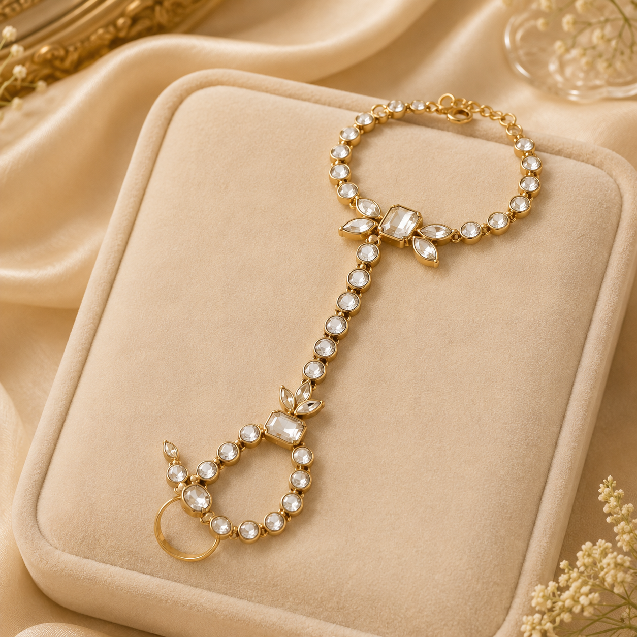 Traditional Kundan Hathphool Bracelet Ring