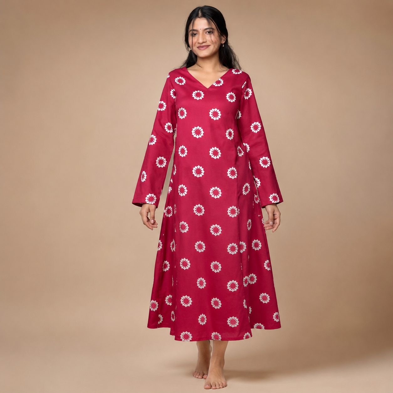 Women's Pink Floral Printed V-Neck A-Line Kurti