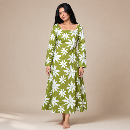 Women's Olive Green Floral Printed Square Neck Dress