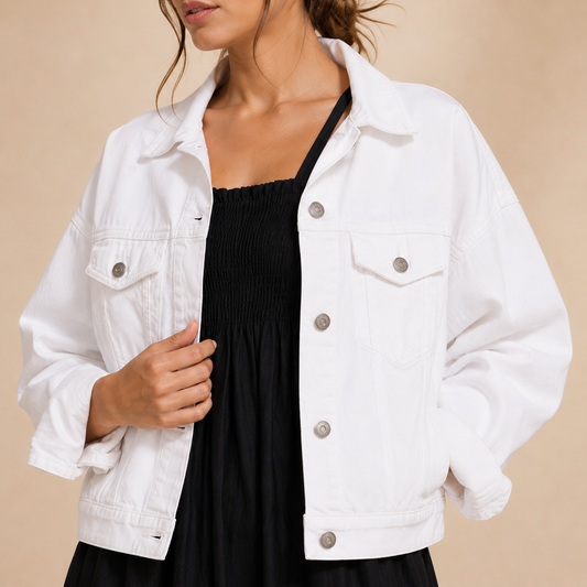 Women's Black Flared Midi Dress with White Denim Jacket Co-Ord Set