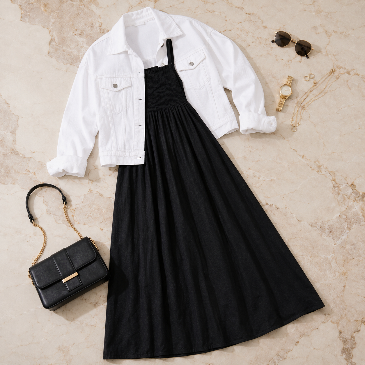 Women's Black Flared Midi Dress with White Denim Jacket Co-Ord Set