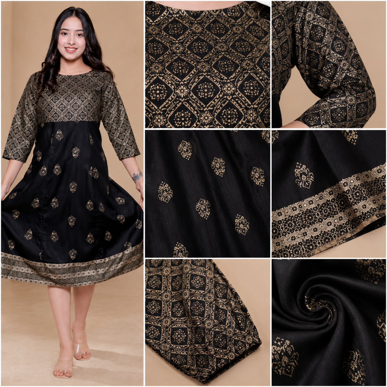 Women's Black & Gold Printed Anarkali Kurti