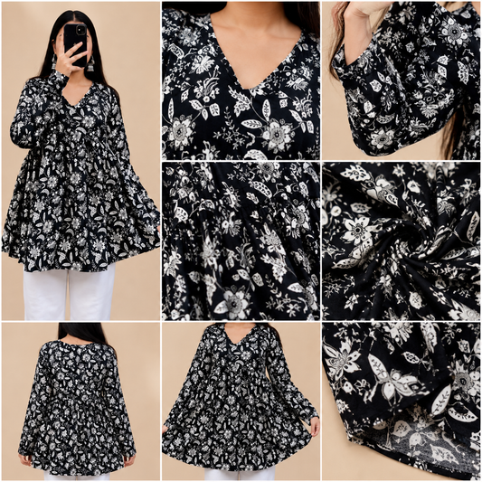 Black Floral V-Neck Flared Top for Women