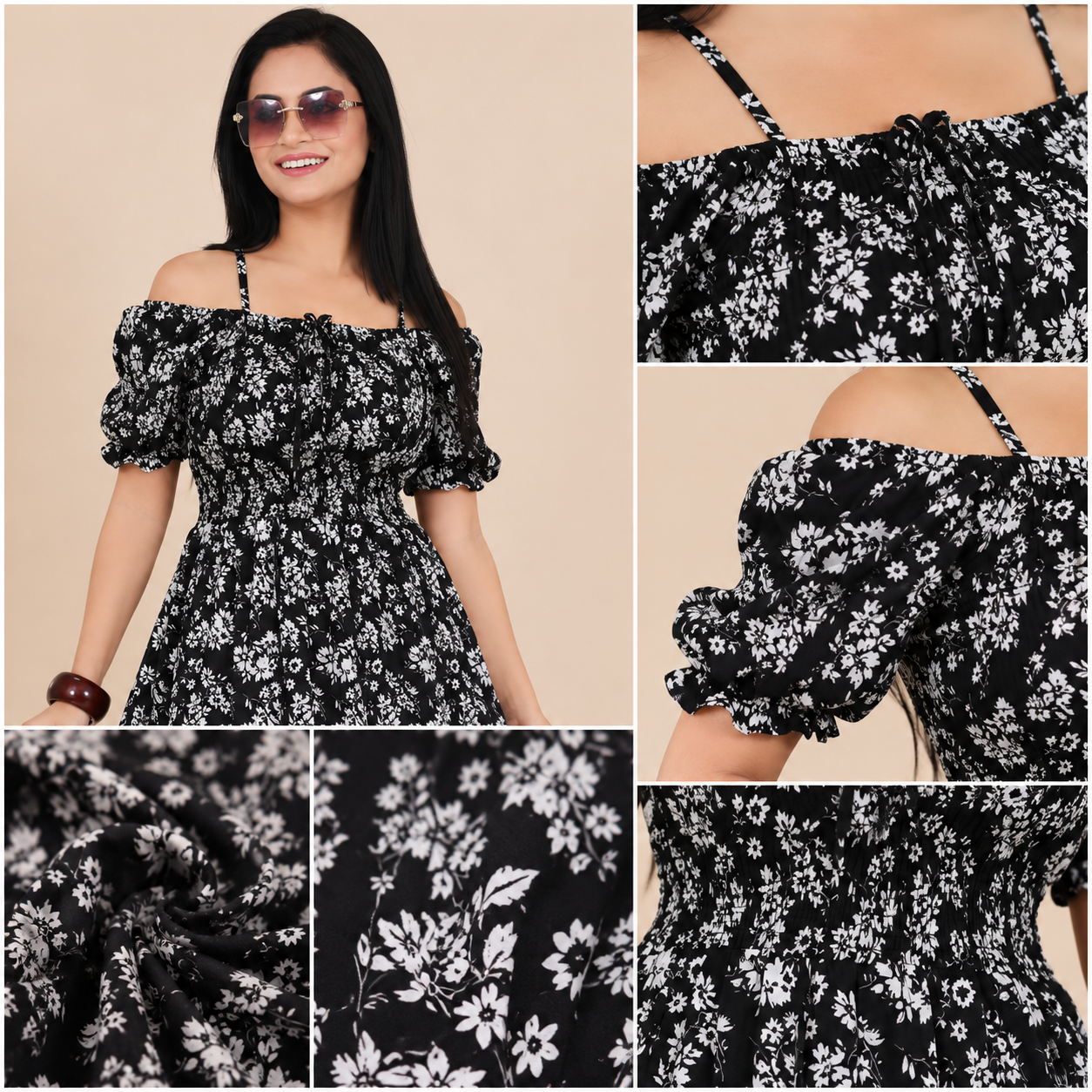Black Floral Puff Sleeve Flared Maxi Dress for Women