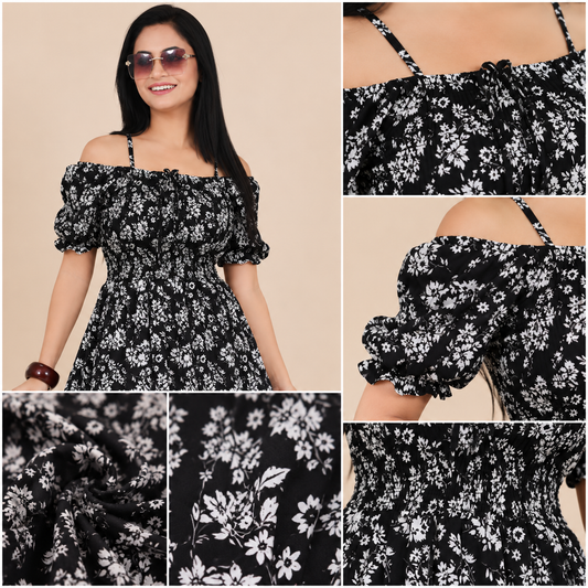 Black Floral Puff Sleeve Flared Maxi Dress for Women