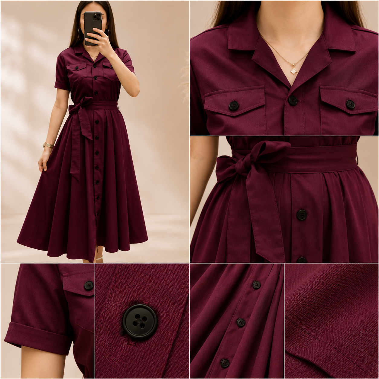 Wine Button Down Flared Midi Dress for Women