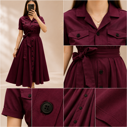 Wine Button Down Flared Midi Dress for Women
