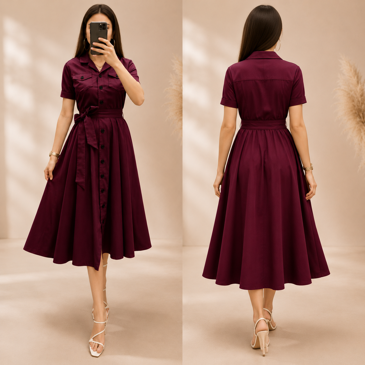 Wine Button Down Flared Midi Dress for Women
