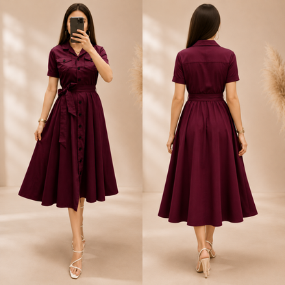 Wine Button Down Flared Midi Dress for Women