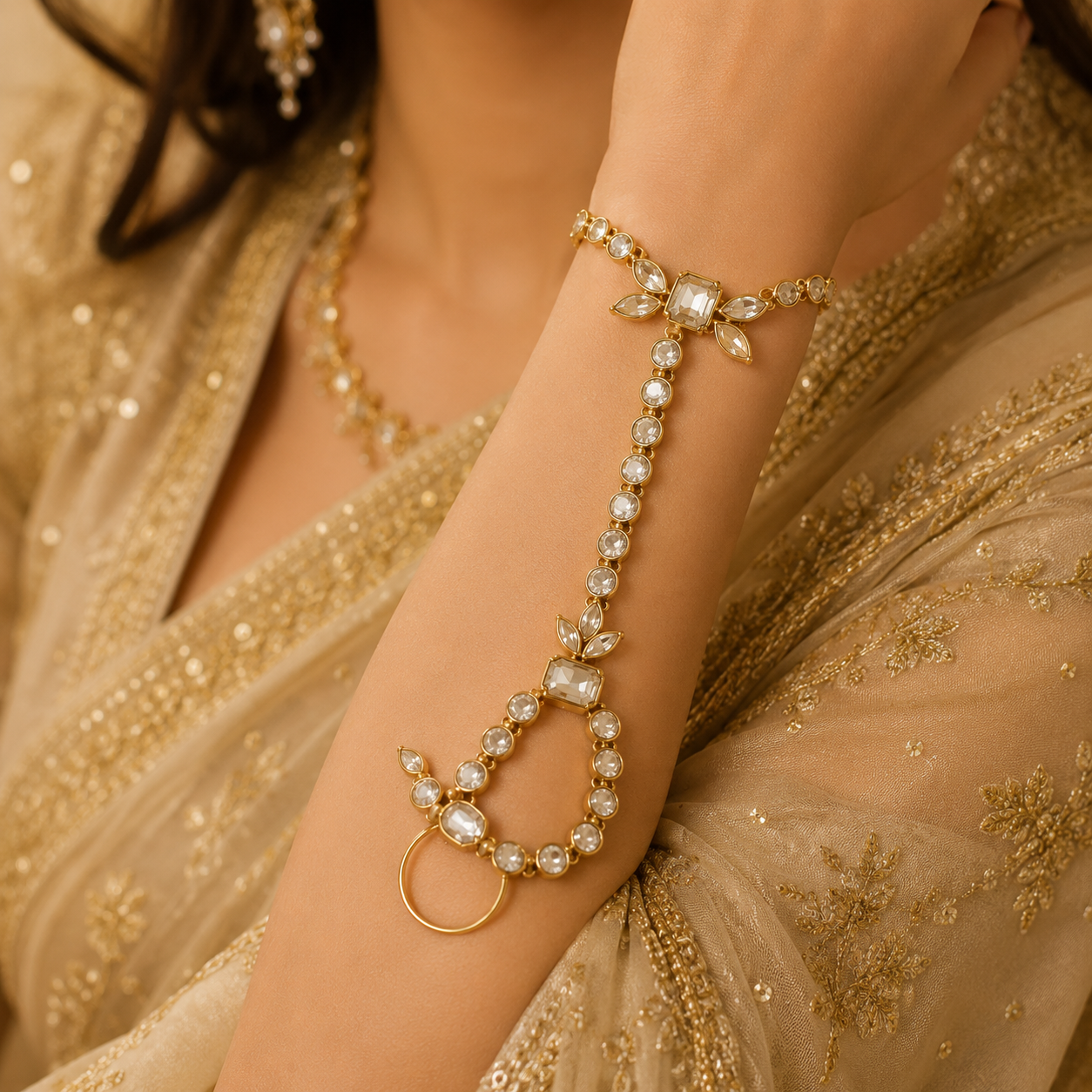 Traditional Kundan Hathphool Bracelet Ring