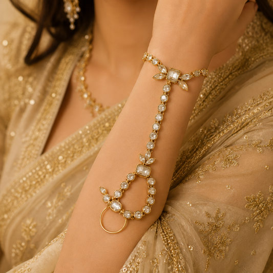 Traditional Kundan Hathphool Bracelet Ring