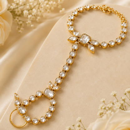 Traditional Kundan Hathphool Bracelet Ring