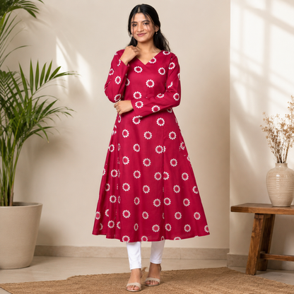 Women's Pink Floral Printed V-Neck A-Line Kurti