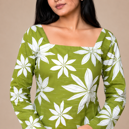 Women's Olive Green Floral Printed Square Neck Dress
